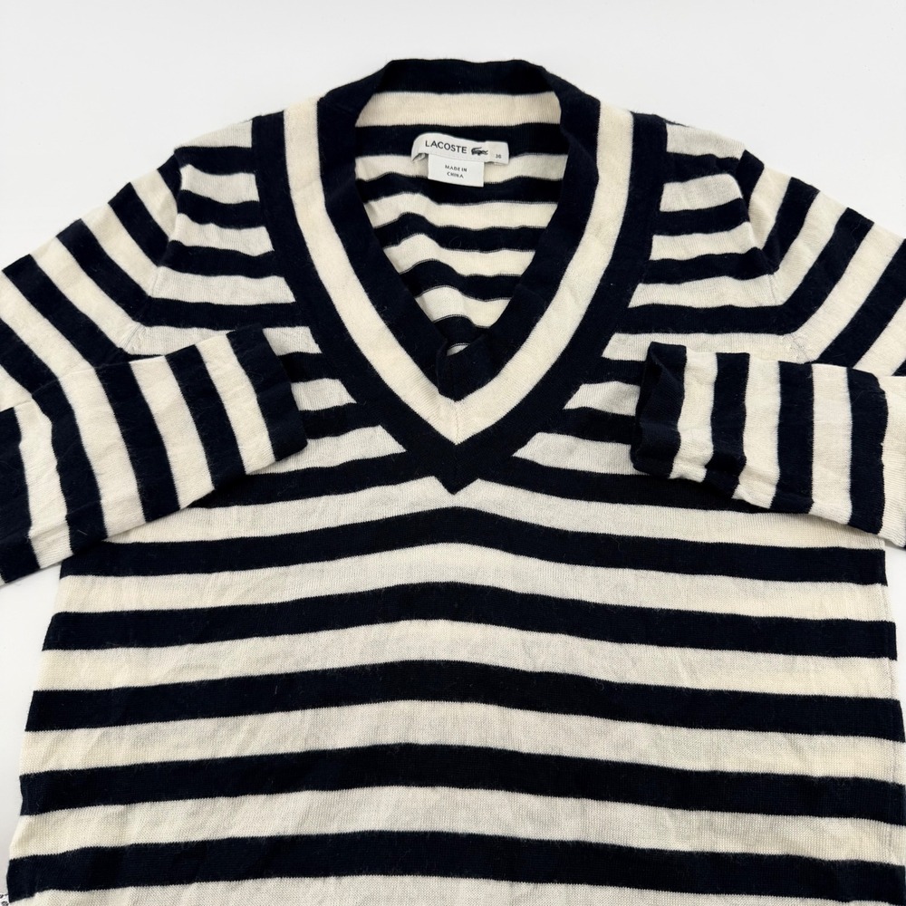 Lacoste Striped V-Neck Merino Wool Sweater Navy White Nautical Size 36 US 4